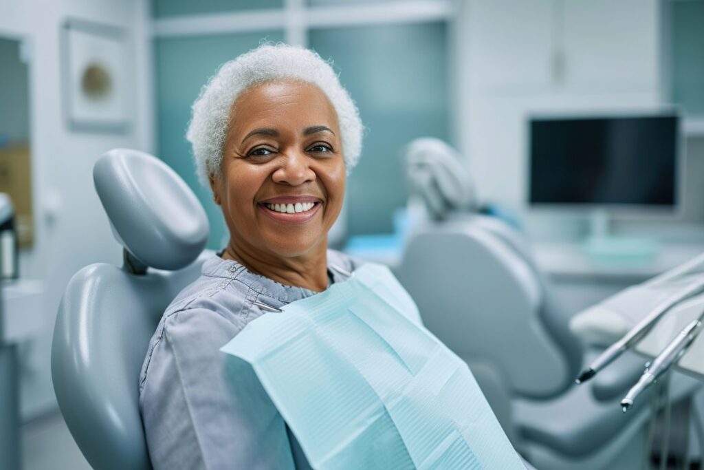 Woman with gray hair sitting in dental chair smiling