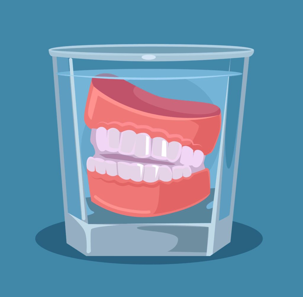 Illustration of dentures soaking in water